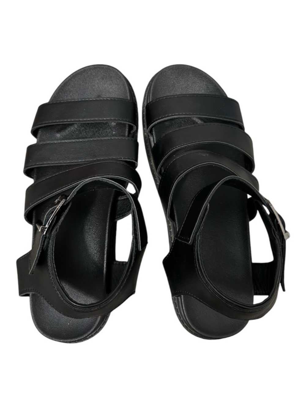 Black Strappy buckle chunky platform open toe sandals faux leather